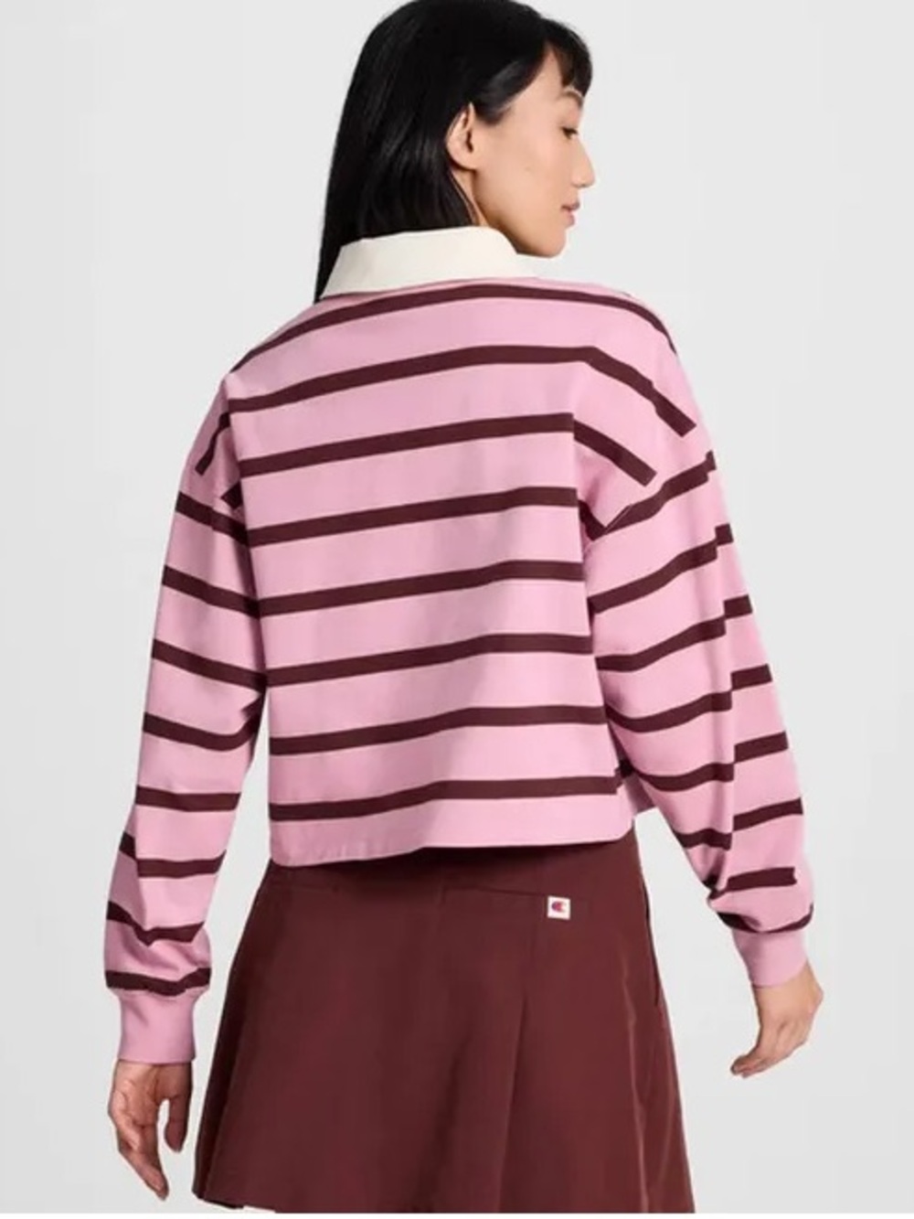 Champion Pink Burgundy Striped Cropped Rugby Shirt Pullover Preppy M - Picture 4 of 13